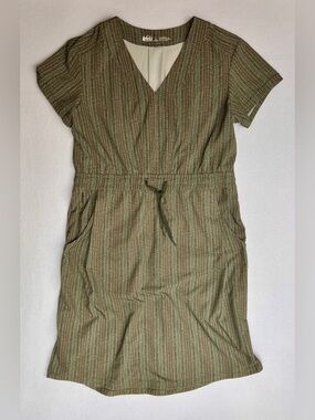 REI Olive Green Patterned Midi Drawstring Dress Aoraki Travel